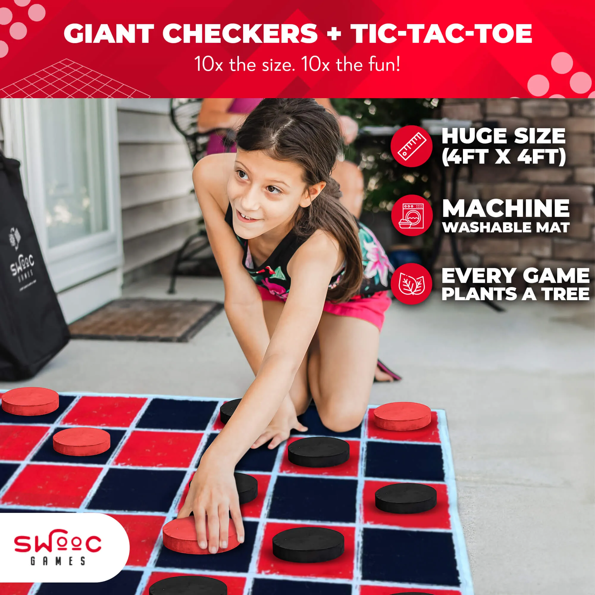 2-in-1 Vintage Giant Checkers & Tic Tac Toe Game