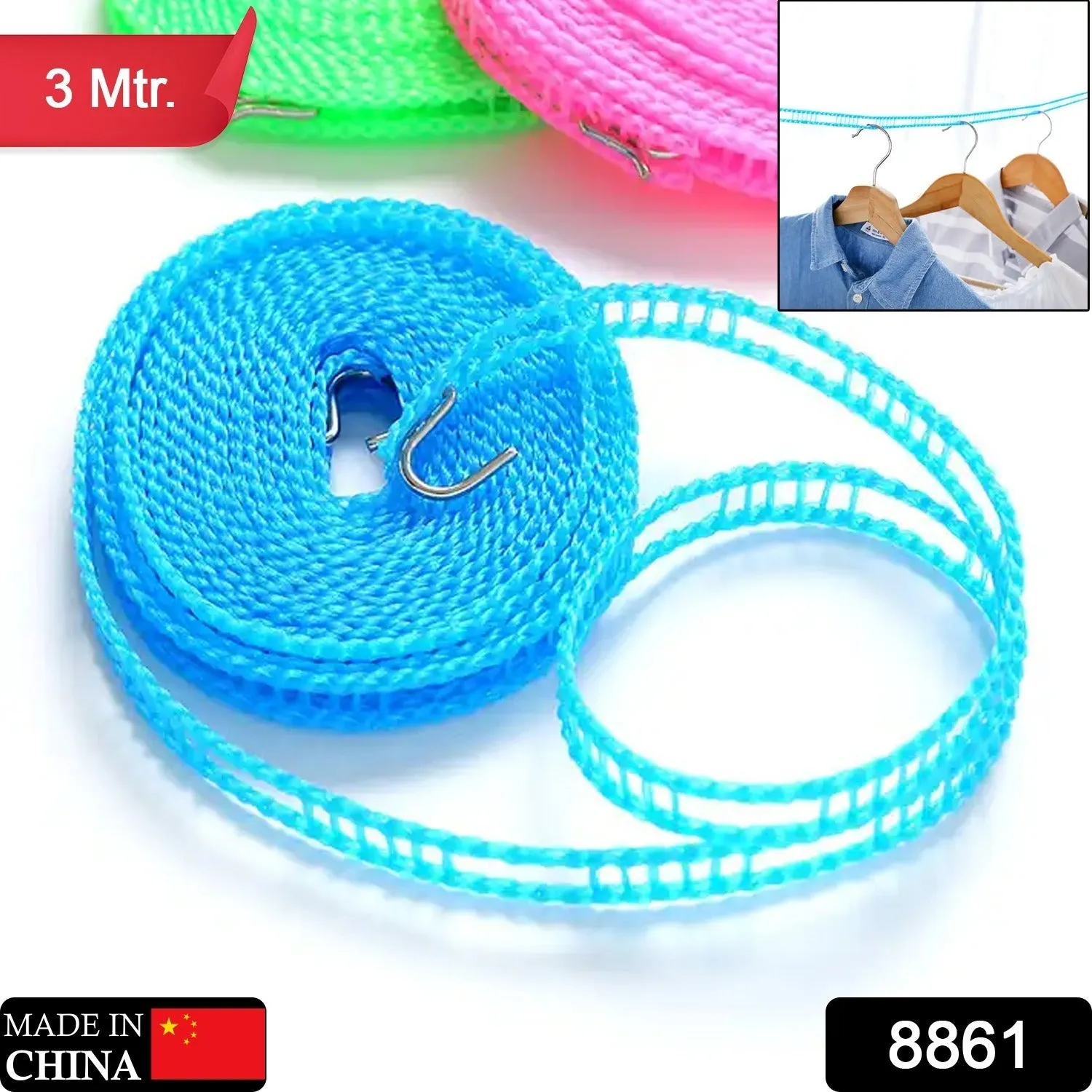 3 Meter Anti-Slip Clothesline Rope - Nylon, Hooks, Indoor/Outdoor