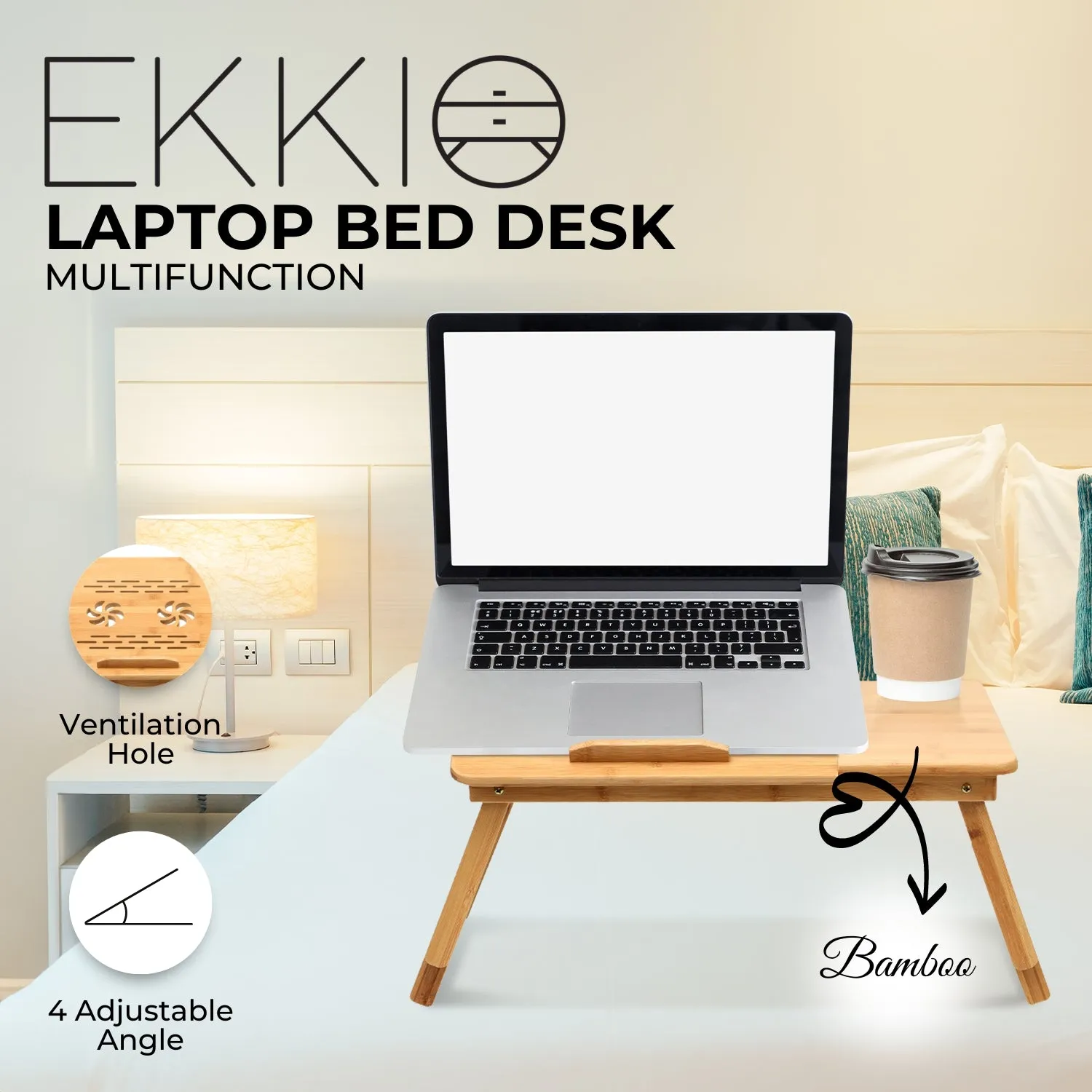 Adjustable Bamboo Laptop Desk, Portable, Sturdy, Folding,  EKKIO