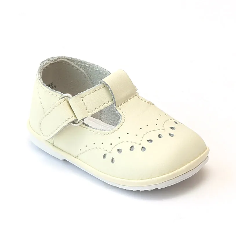 Angel Baby Girls Ecru Leather T-Strap Mary Janes