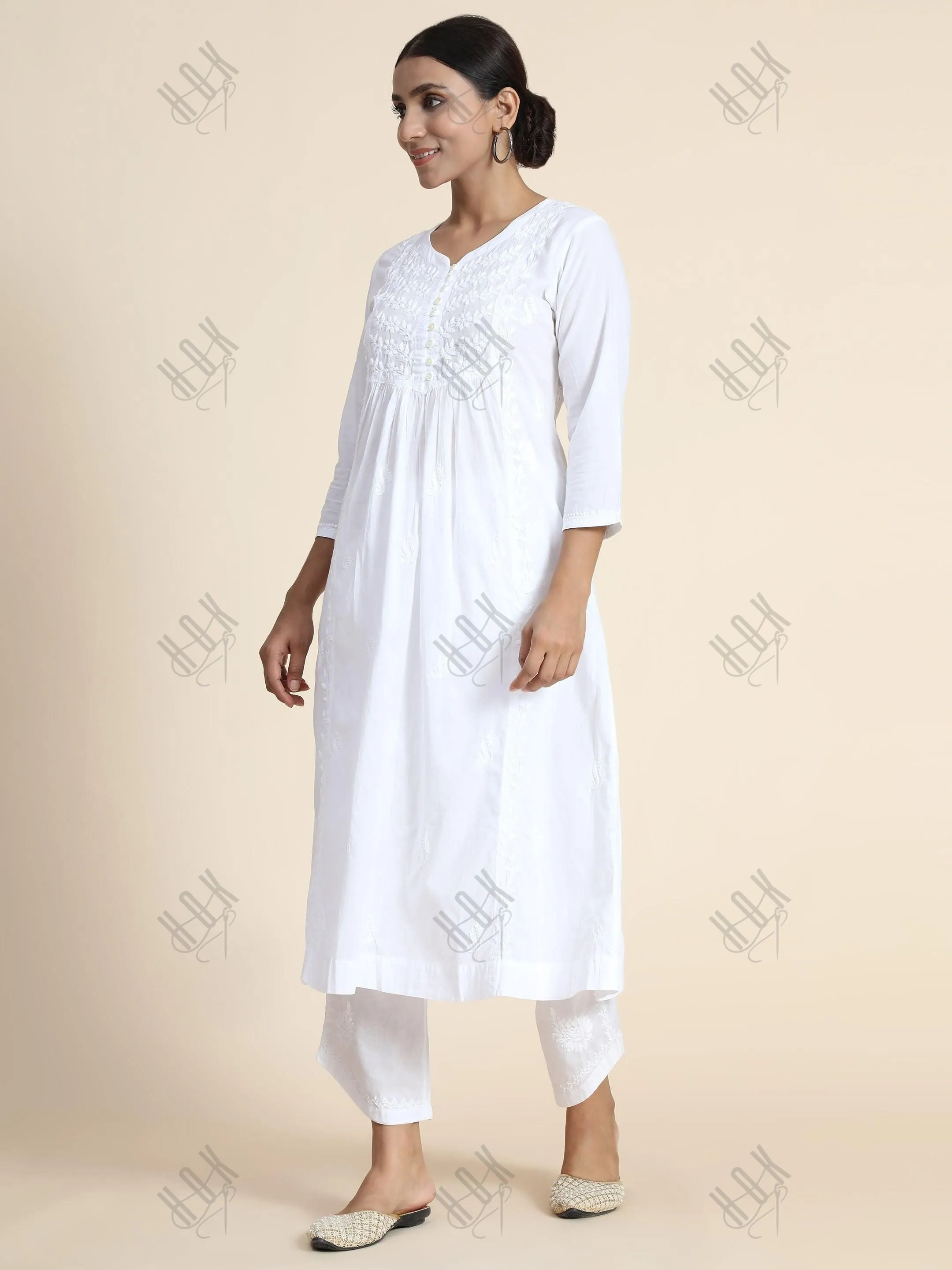 Anjana in Hand Embroidery Chikankari Long Kurti for Women in White