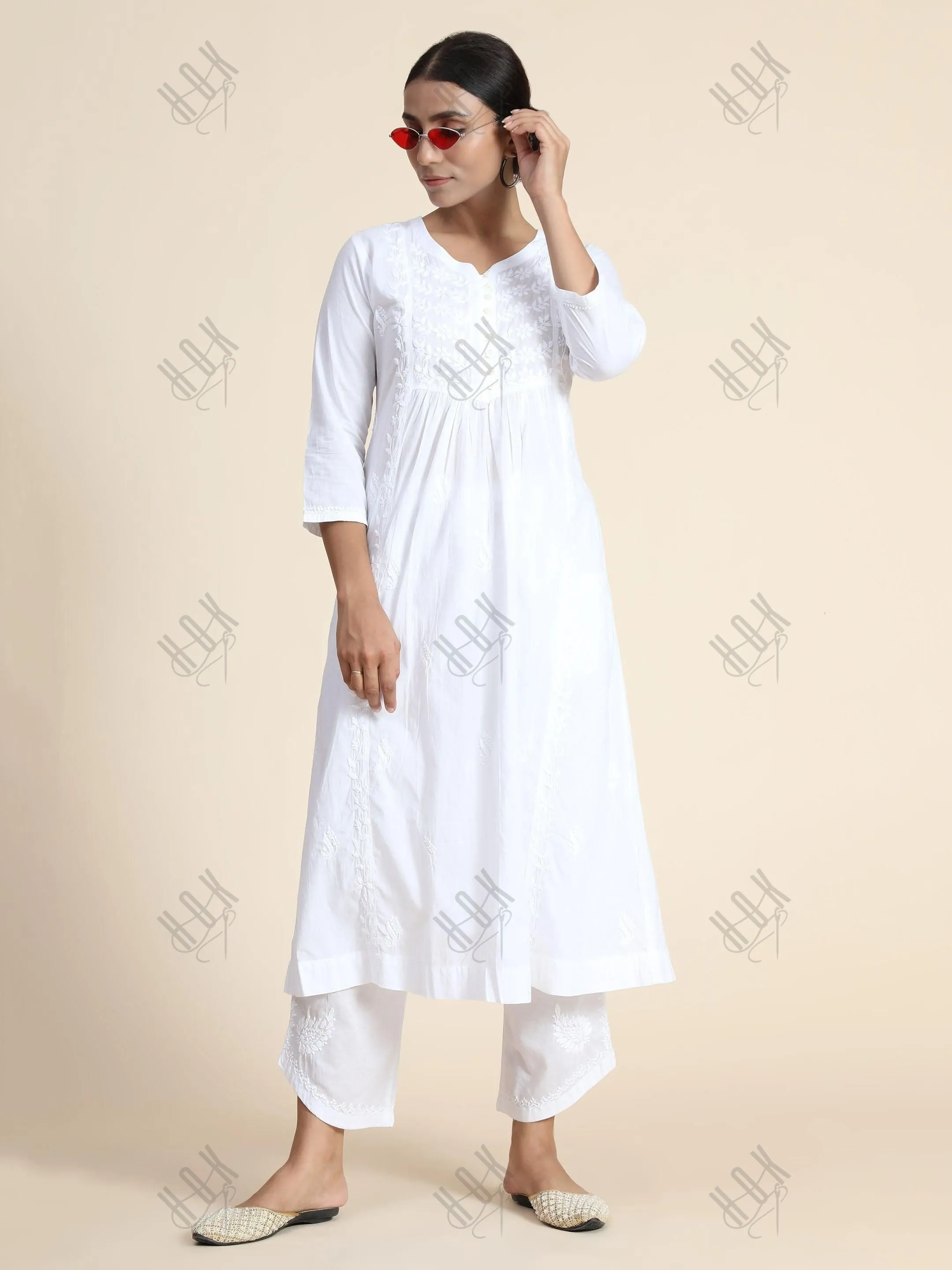 Anjana in Hand Embroidery Chikankari Long Kurti for Women in White