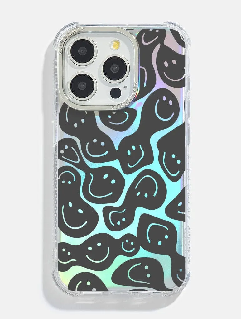 Black Warped Happy Face Holo Foil Shock iPhone Case