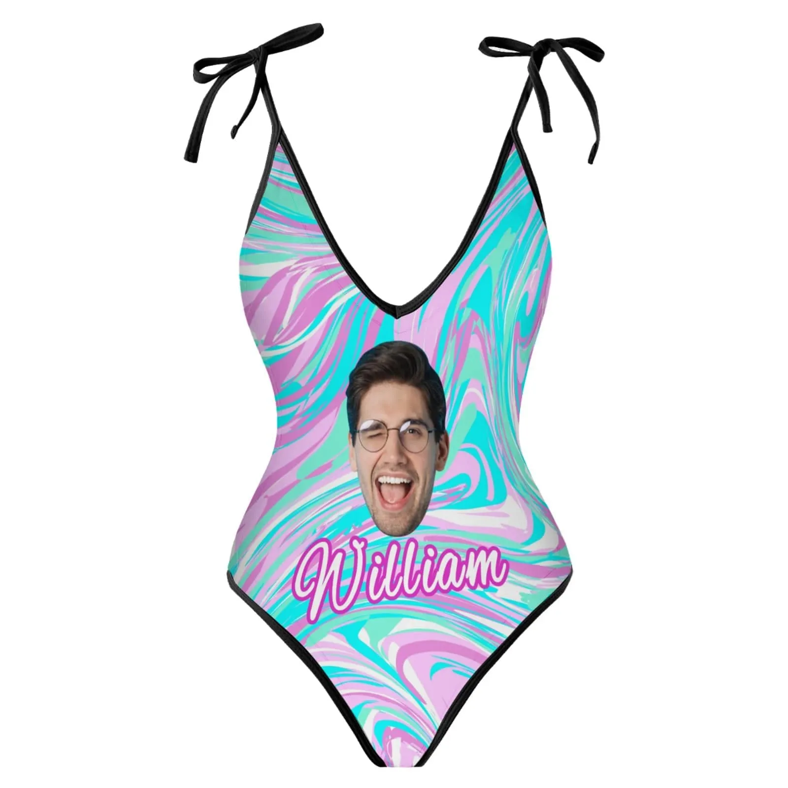 Custom Face&Name Mixed Clolor Personalized Deep V-Neck Women's One-Piece Swimsuit Custom Picture Bathing Suit