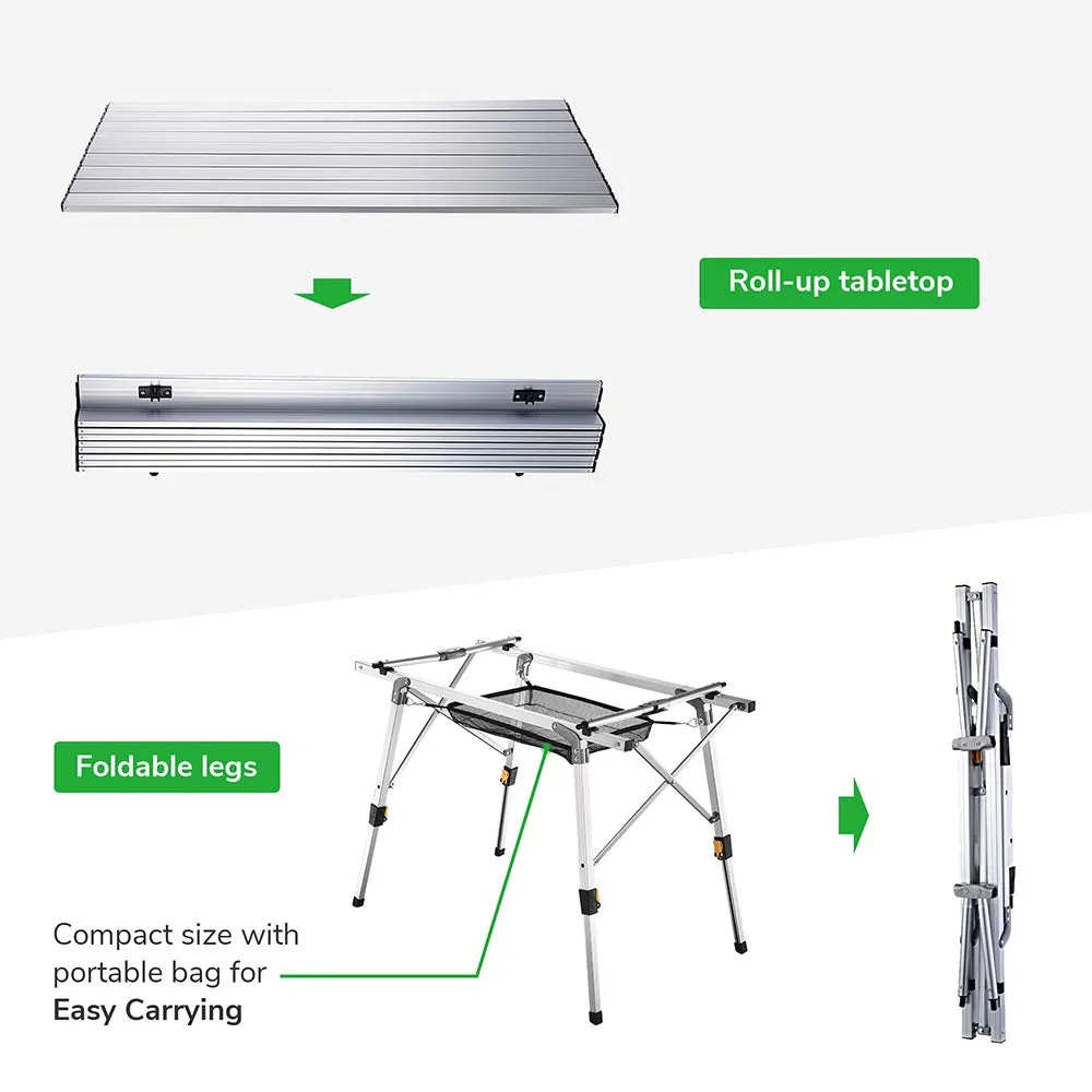 Folding Camping Table Roll Up Aluminum Adjust Height 35"x20"