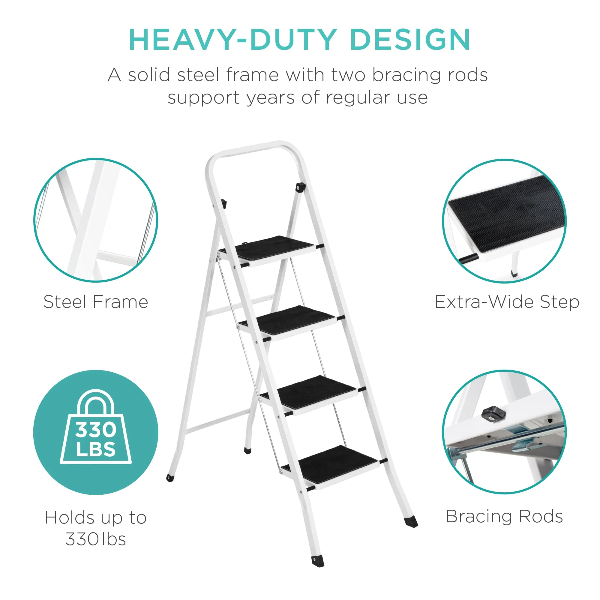 Folding Steel 4-Step Ladder w/ Hand Rail, Wide Steps, 330lbs Capacity