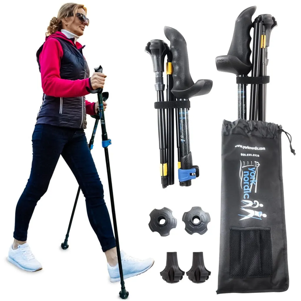 Motivator Folding Travel Poles for Balance and Rehab - Patented Stability Grips - Lightweight, Adjustable and Foldable includes Detachable Feet and Travel Bag