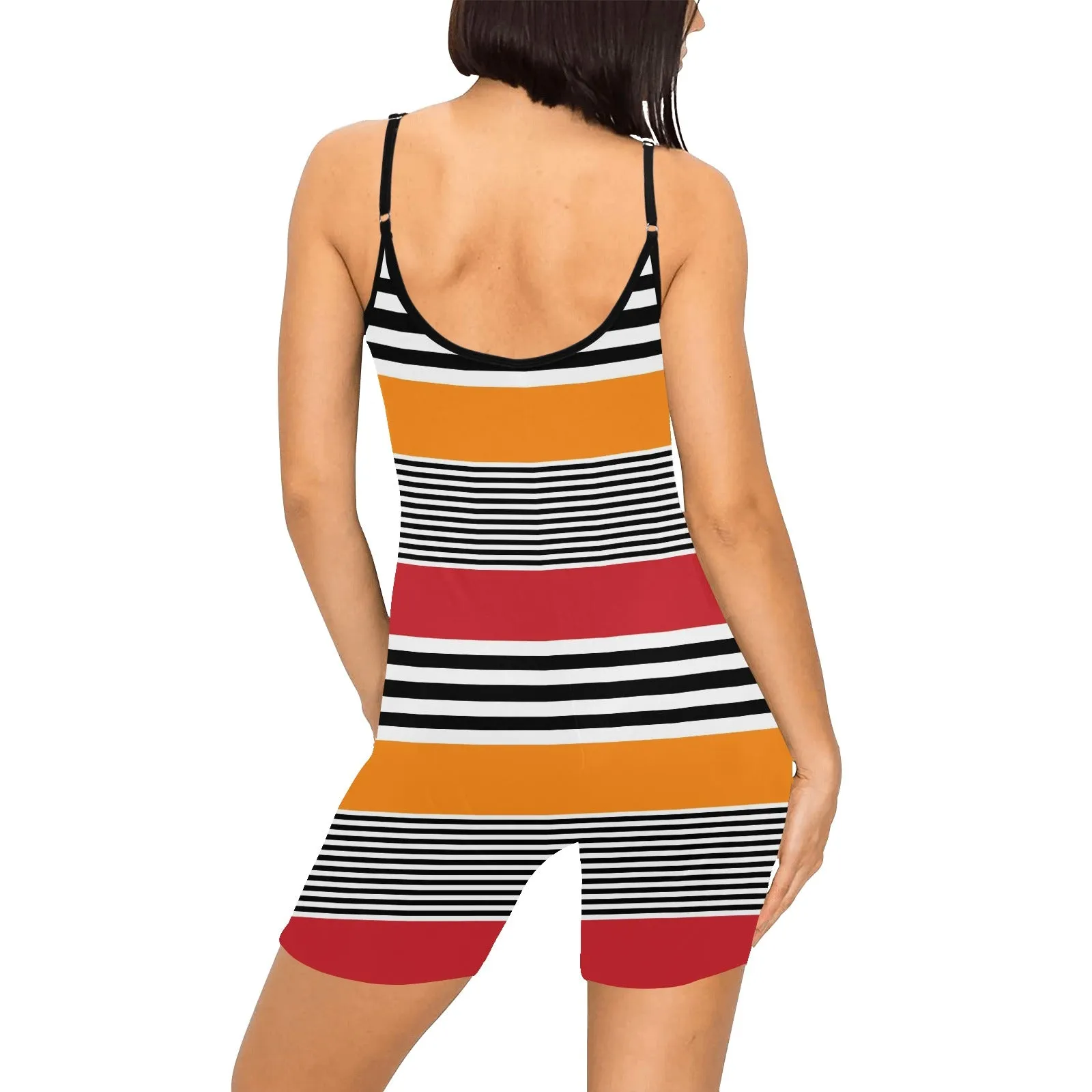 red orange black striped print 2 Women's Short Yoga Bodysuit