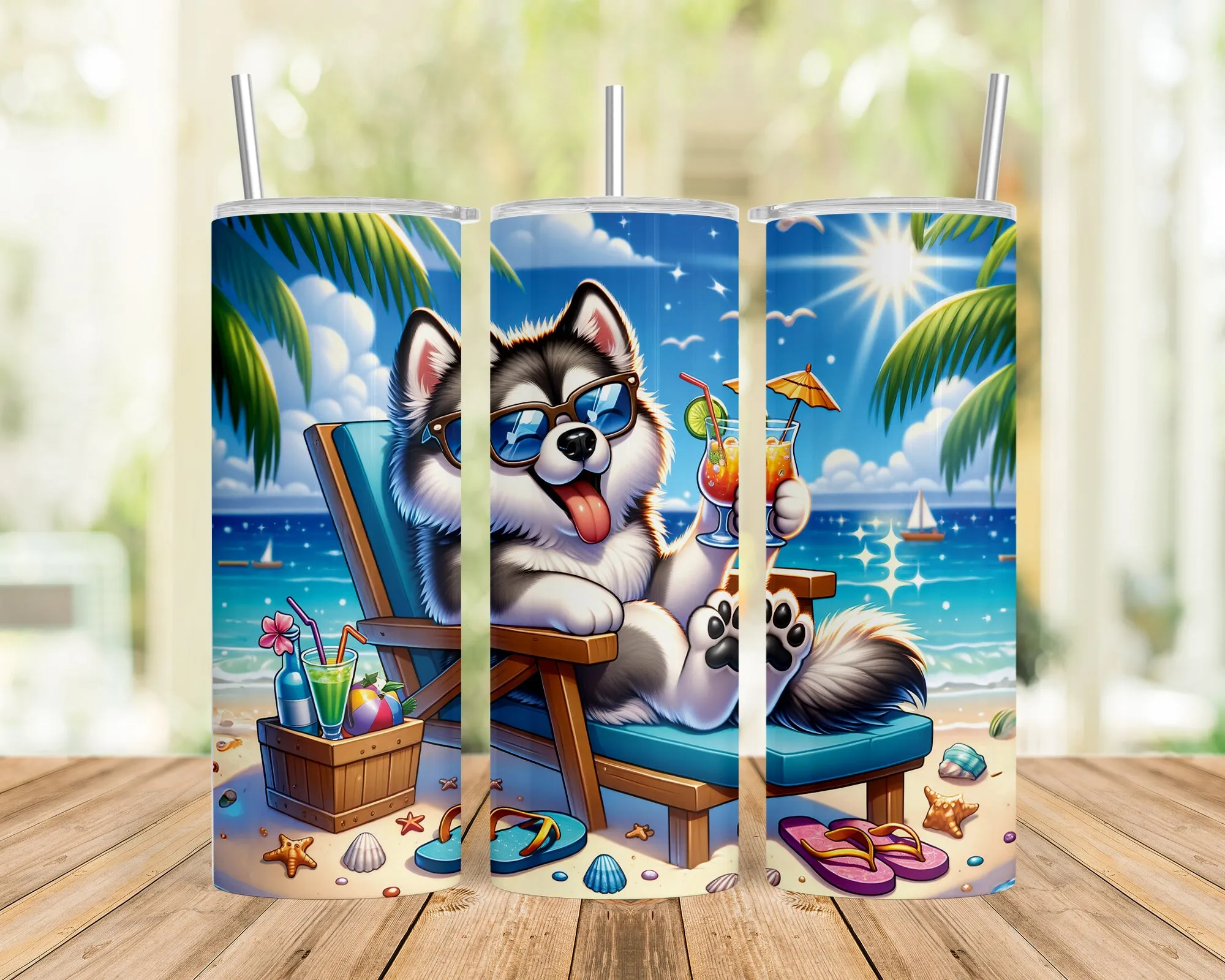 Skinny Tumbler with Straw, 20oz, Dog on Beach, Alaskan Malamute, awd-1116