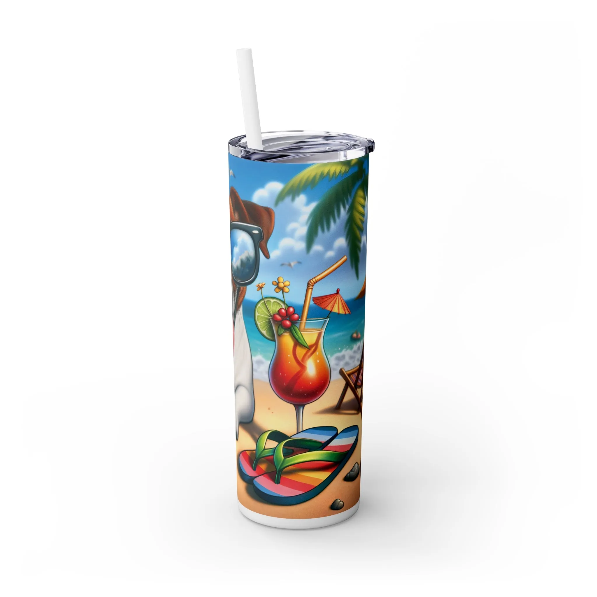 Skinny Tumbler with Straw, 20oz, Dog on Beach, Jack Russel. aed-1219