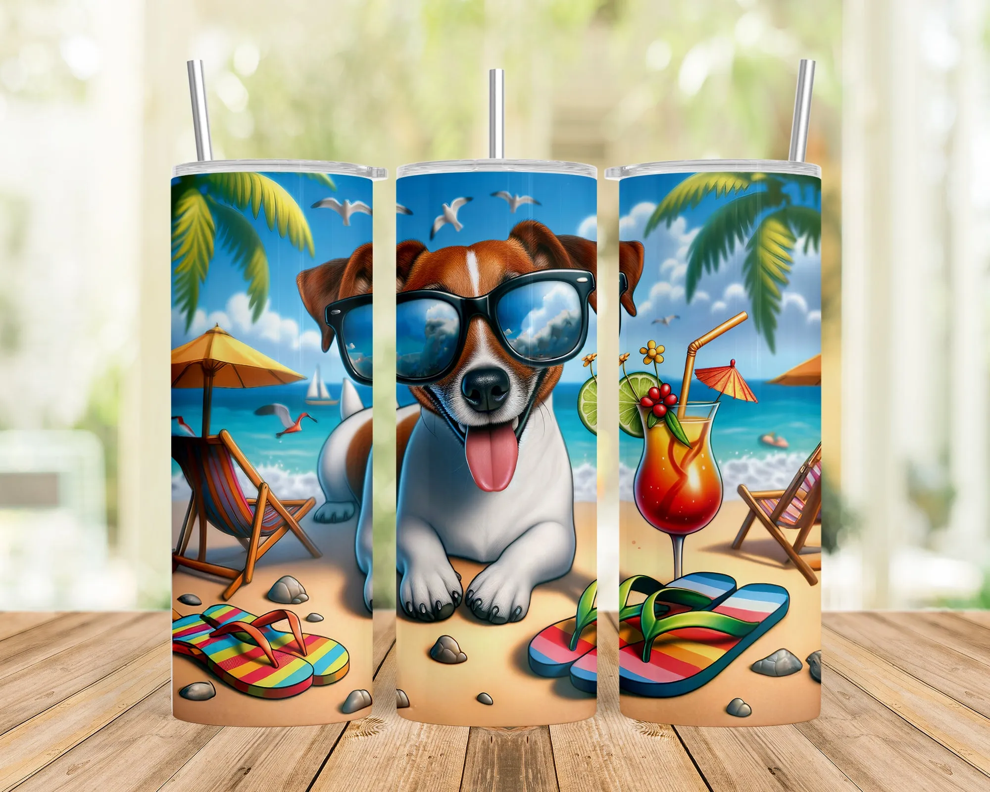 Skinny Tumbler with Straw, 20oz, Dog on Beach, Jack Russel. aed-1219