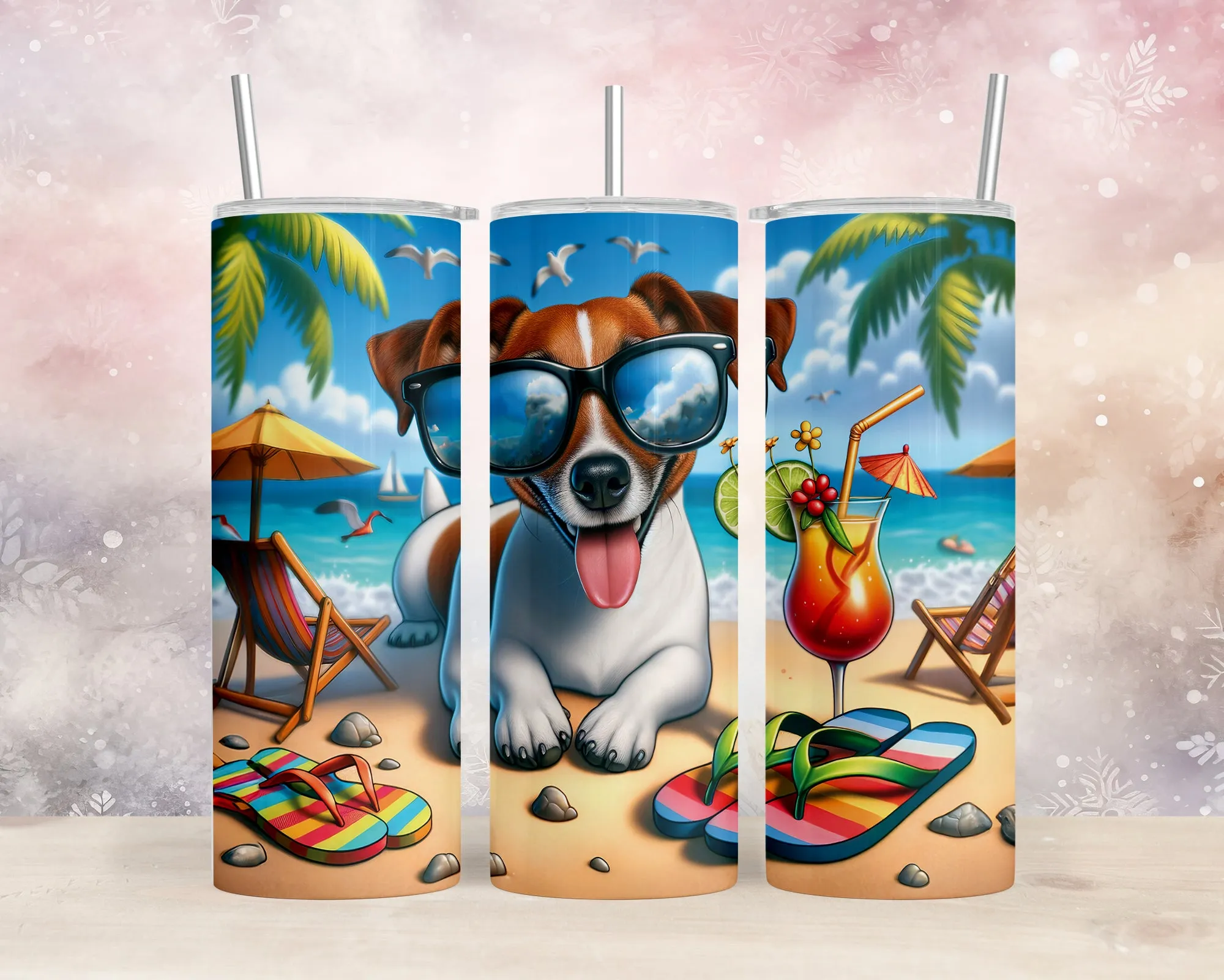 Skinny Tumbler with Straw, 20oz, Dog on Beach, Jack Russel. aed-1219