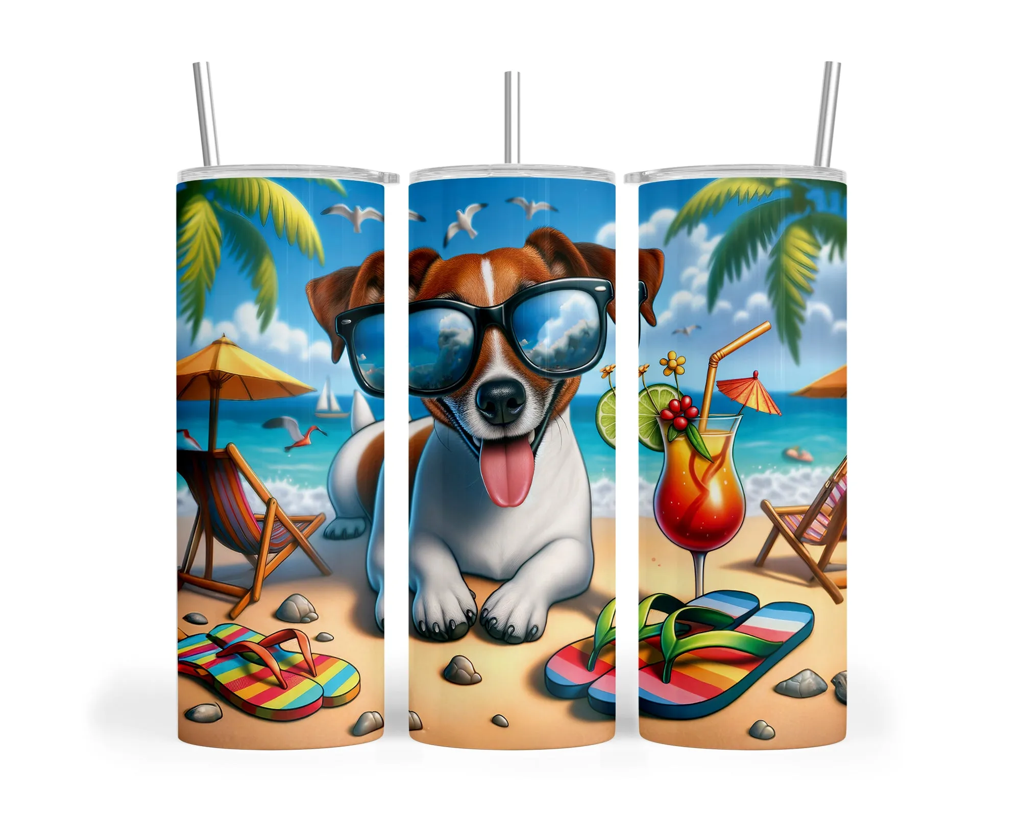 Skinny Tumbler with Straw, 20oz, Dog on Beach, Jack Russel. aed-1219