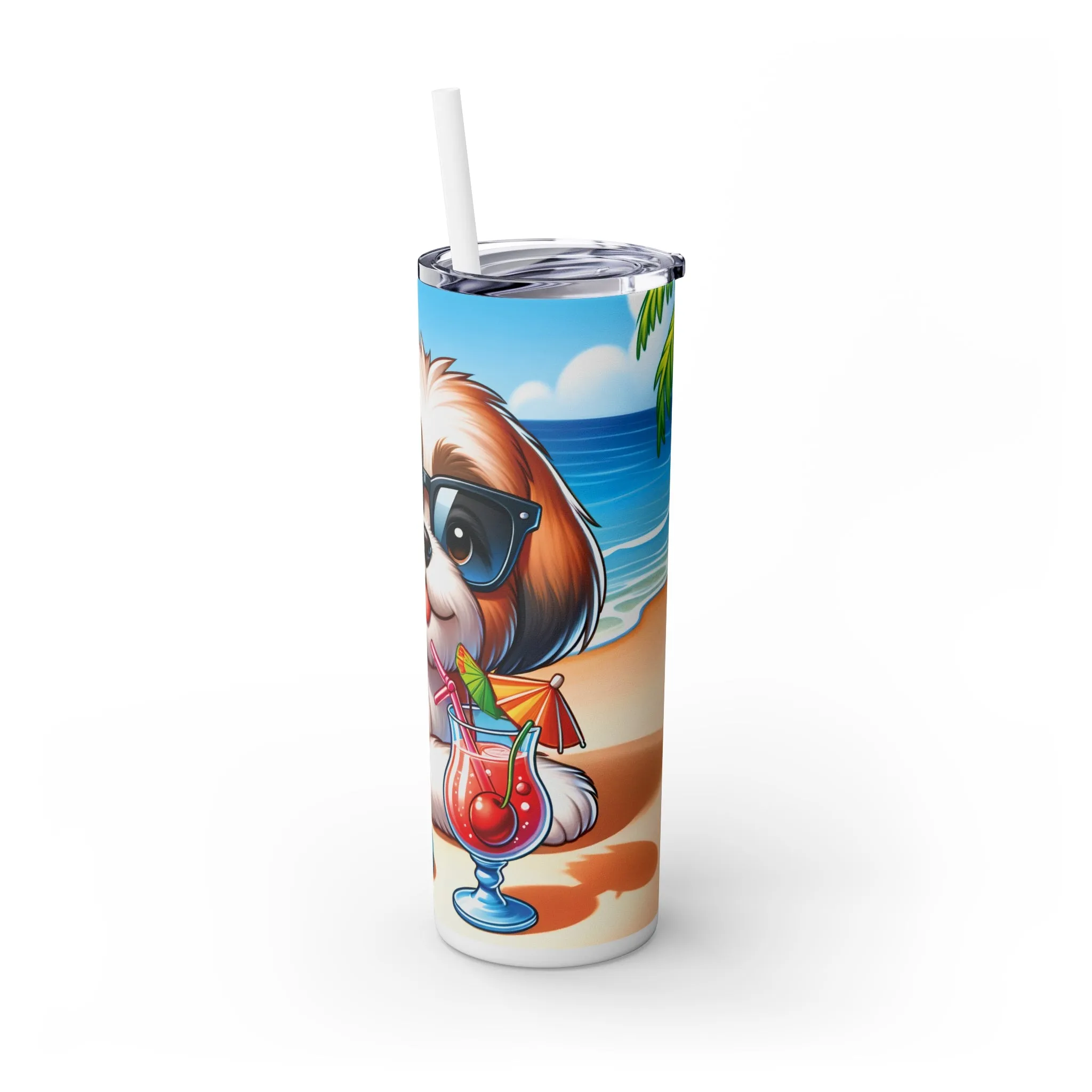 Skinny Tumbler with Straw, 20oz, Dog on Beach, Lhasa Apso, awd-1220