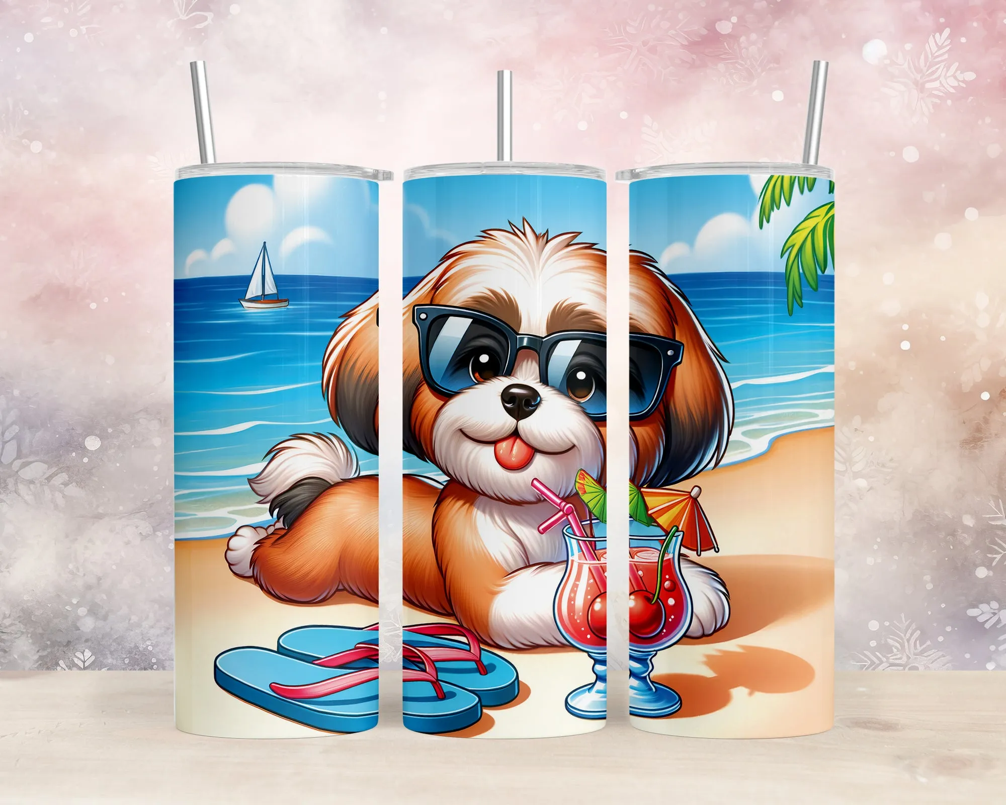 Skinny Tumbler with Straw, 20oz, Dog on Beach, Lhasa Apso, awd-1220