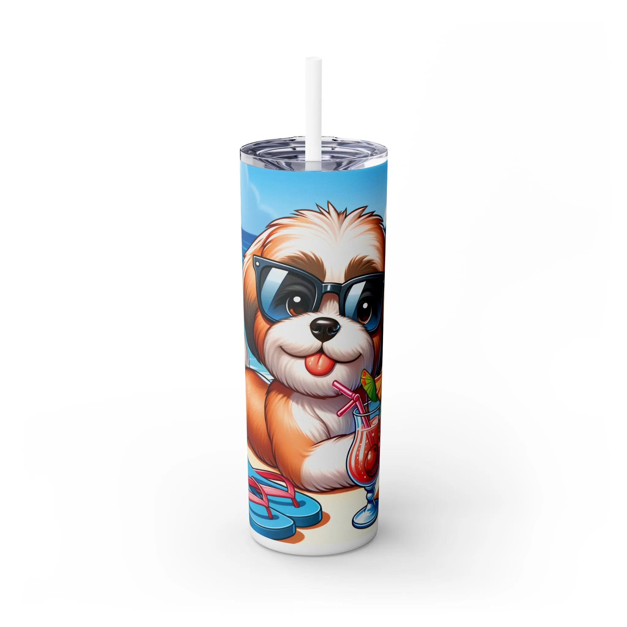 Skinny Tumbler with Straw, 20oz, Dog on Beach, Lhasa Apso, awd-1220