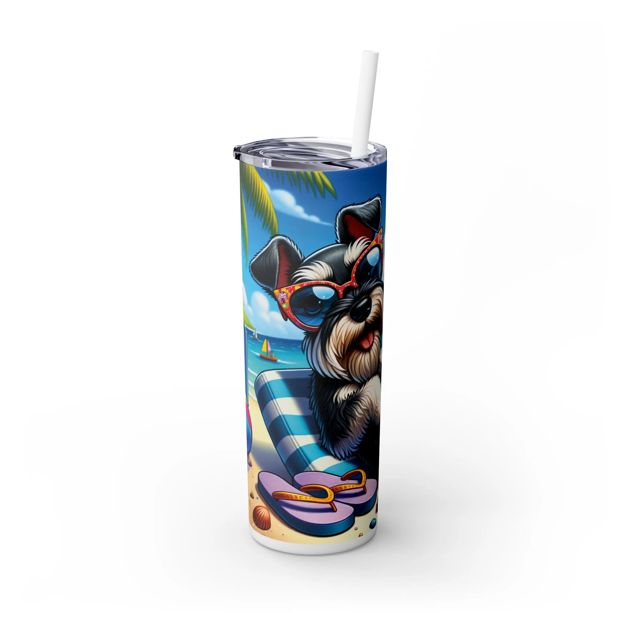 Skinny Tumbler with Straw, 20oz, Dog on Beach, Miniature Schnauzer, awd-1226