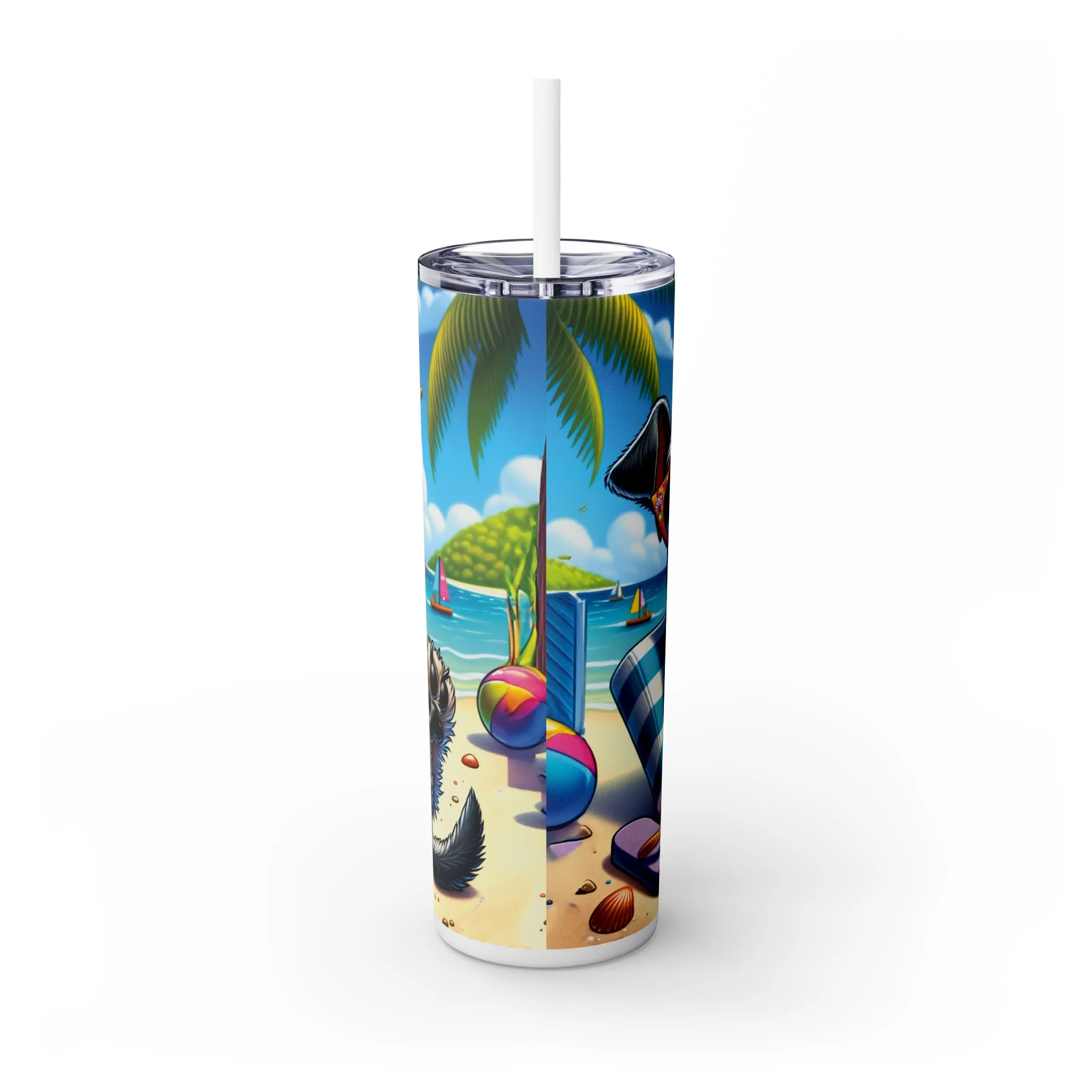 Skinny Tumbler with Straw, 20oz, Dog on Beach, Miniature Schnauzer, awd-1226