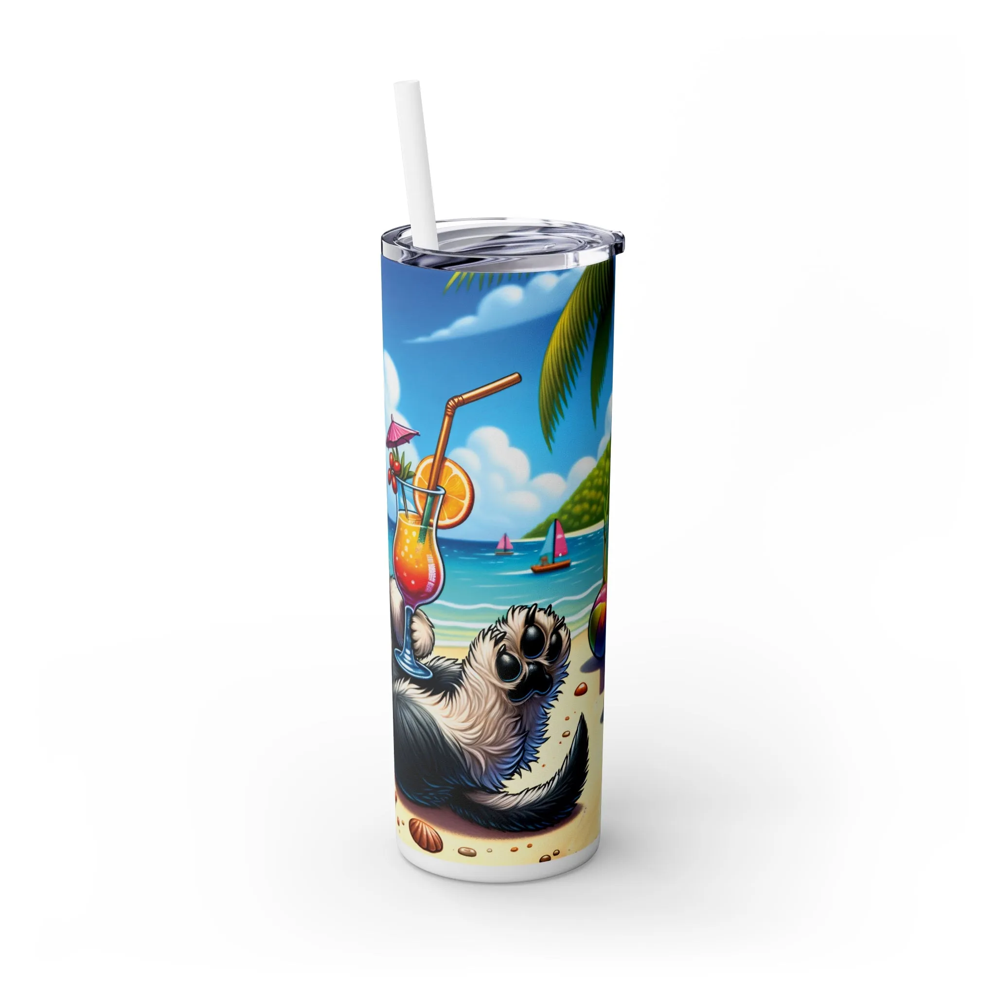 Skinny Tumbler with Straw, 20oz, Dog on Beach, Miniature Schnauzer, awd-1226