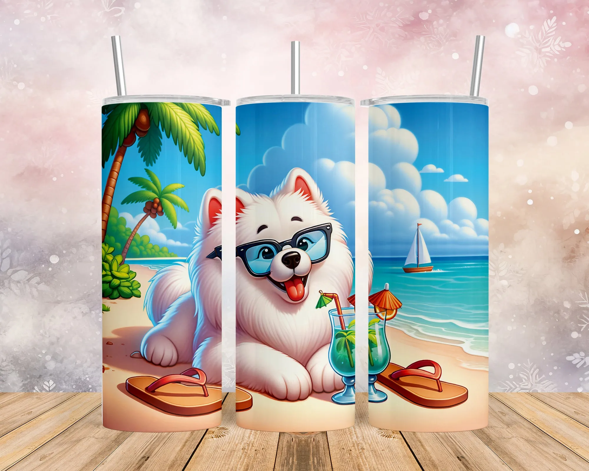 Skinny Tumbler with Straw, 20oz, Dog on Beach, Samoyed, awd-1240