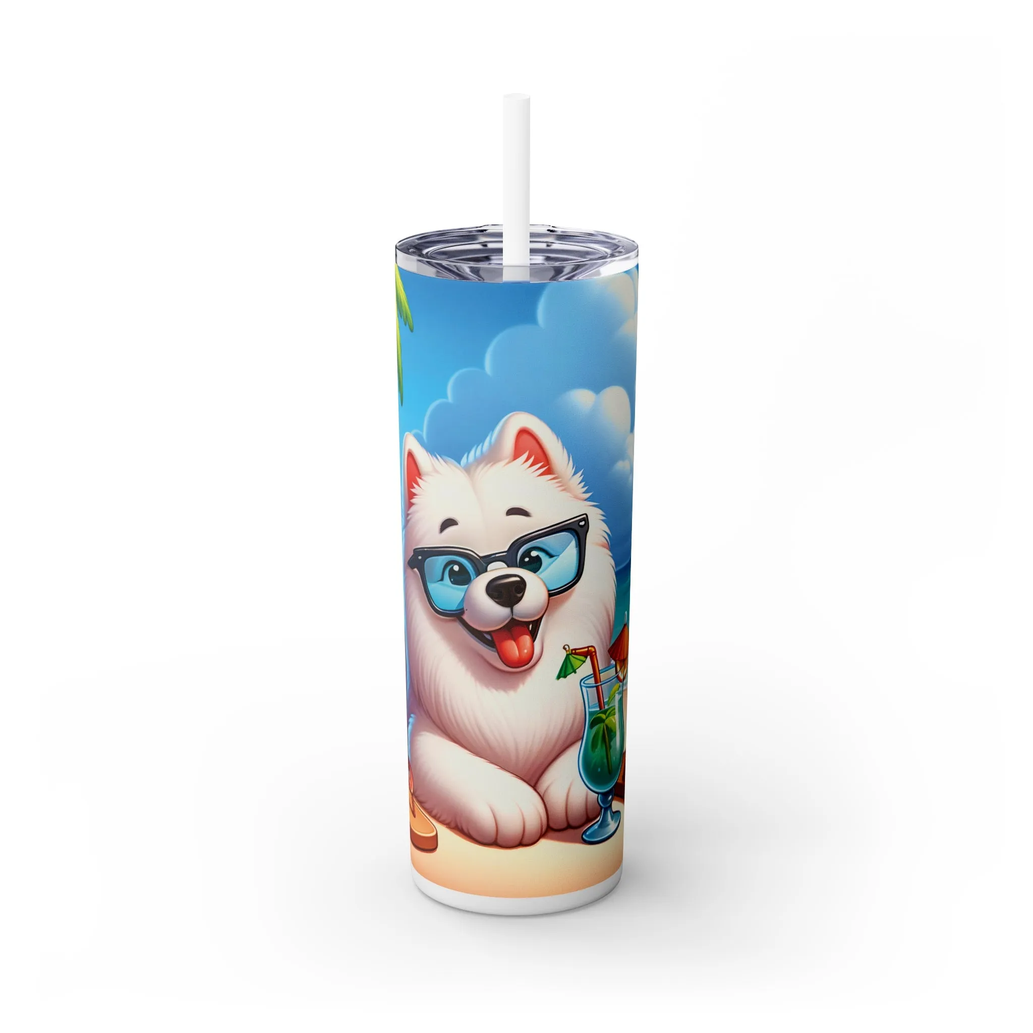 Skinny Tumbler with Straw, 20oz, Dog on Beach, Samoyed, awd-1240