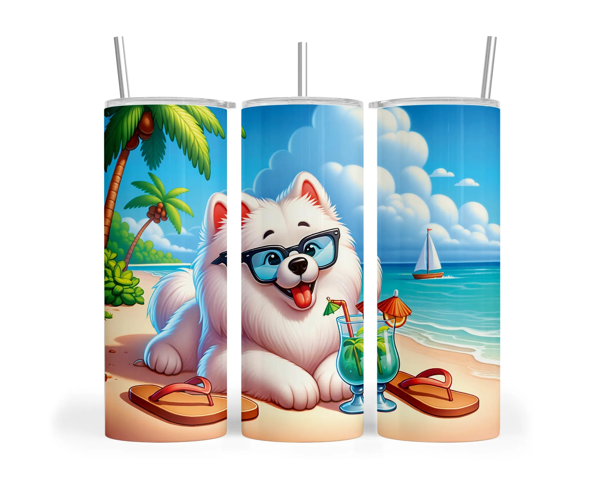 Skinny Tumbler with Straw, 20oz, Dog on Beach, Samoyed, awd-1240