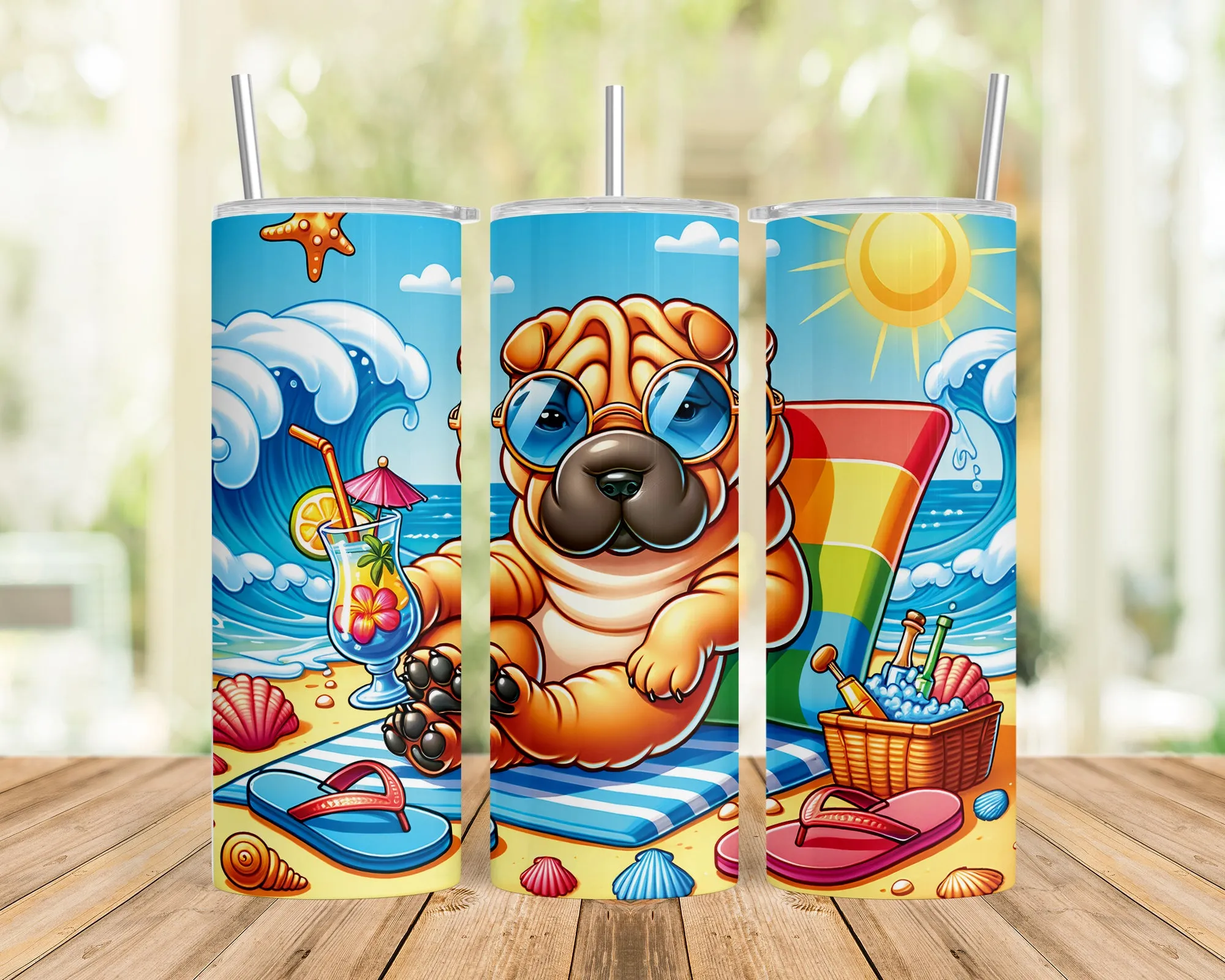 Skinny Tumbler with Straw, 20oz, Dog on Beach, Shar Pei, awd-1242