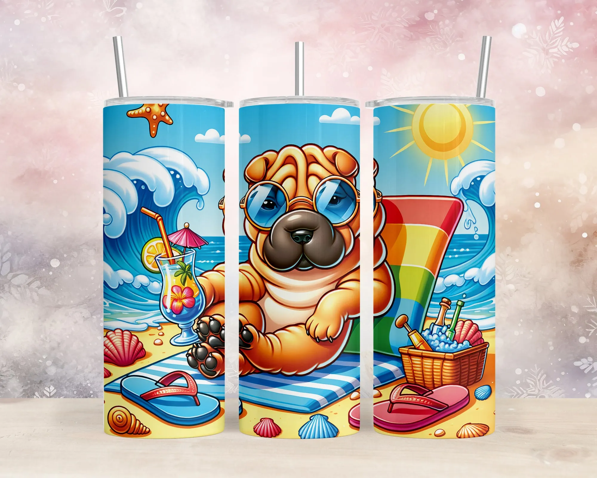 Skinny Tumbler with Straw, 20oz, Dog on Beach, Shar Pei, awd-1242