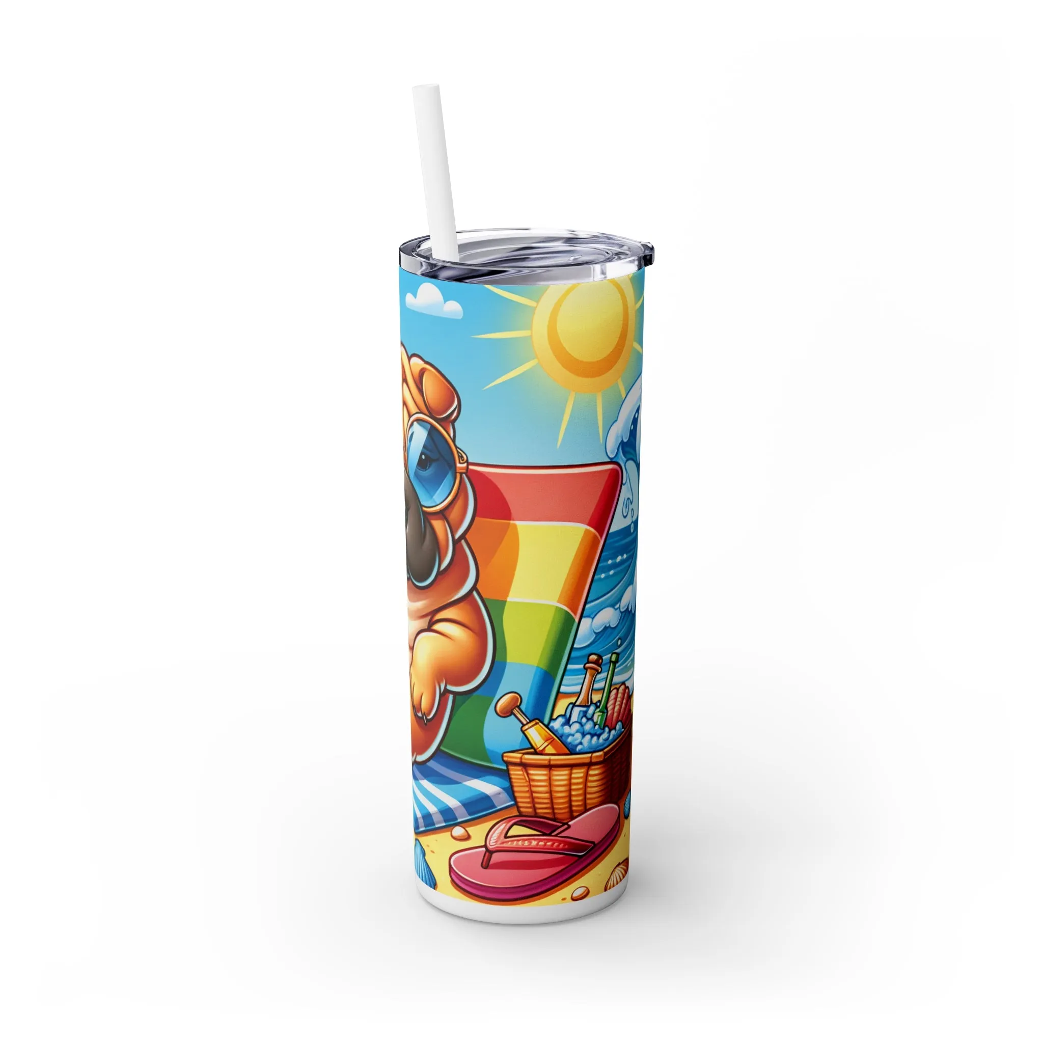 Skinny Tumbler with Straw, 20oz, Dog on Beach, Shar Pei, awd-1242