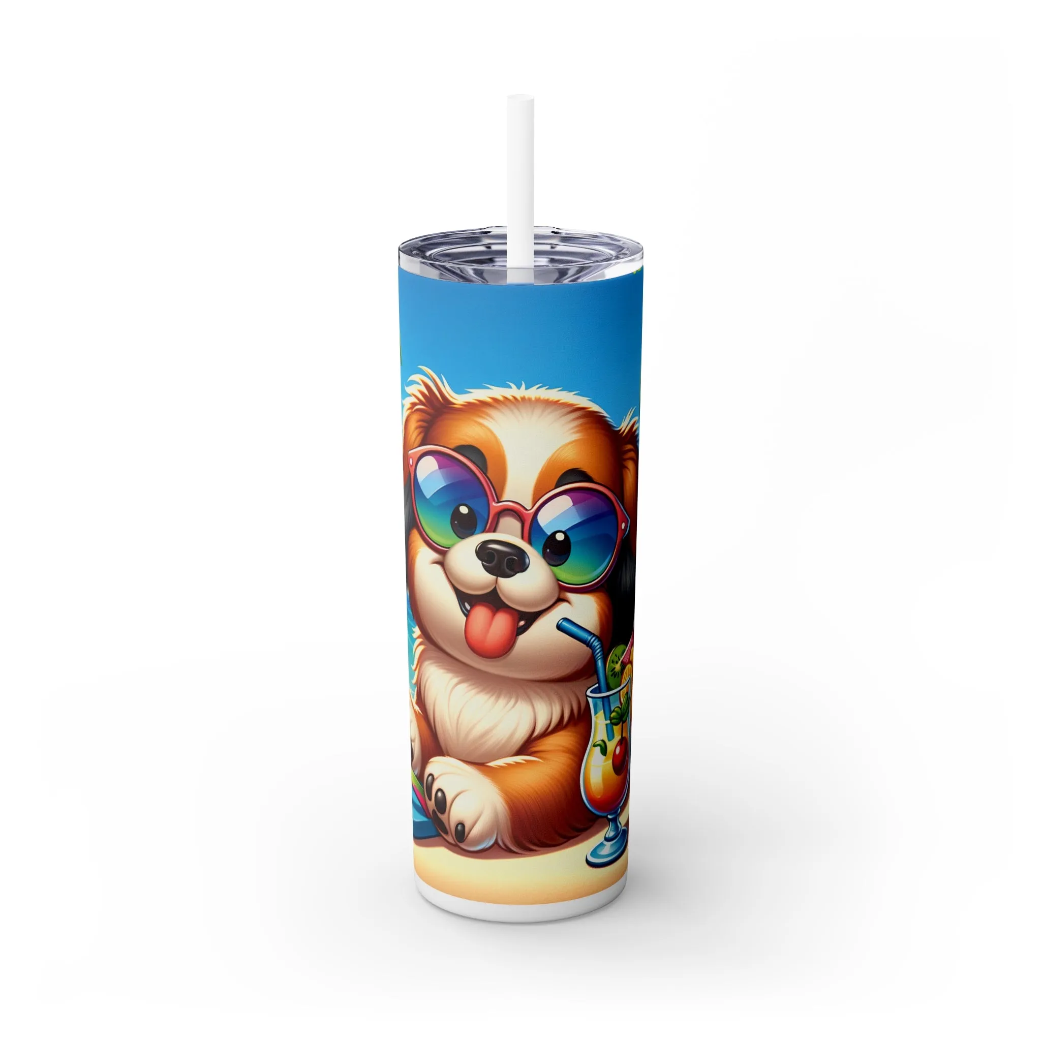 Skinny Tumbler with Straw, 20oz, Dog on Beach, Tibetan Spaniel, awd-1249