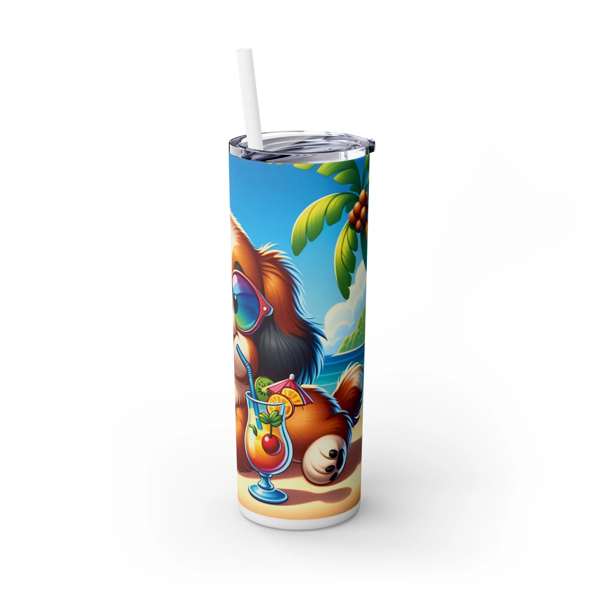 Skinny Tumbler with Straw, 20oz, Dog on Beach, Tibetan Spaniel, awd-1249