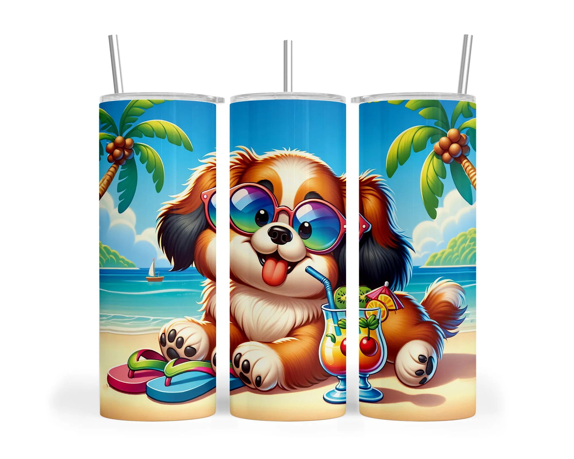 Skinny Tumbler with Straw, 20oz, Dog on Beach, Tibetan Spaniel, awd-1249