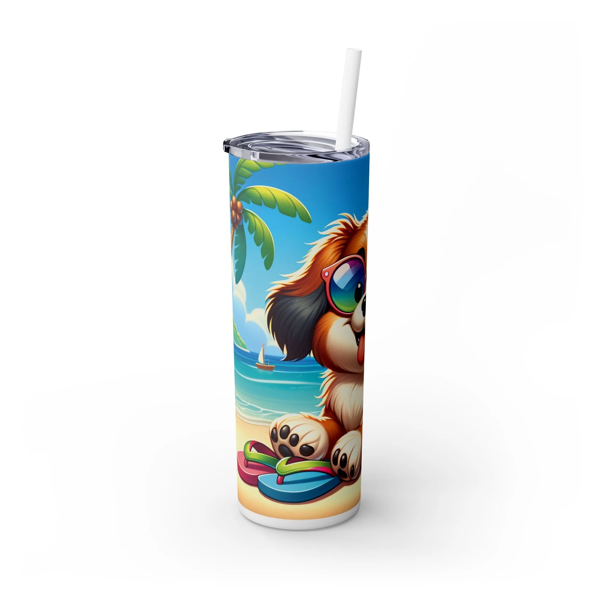 Skinny Tumbler with Straw, 20oz, Dog on Beach, Tibetan Spaniel, awd-1249