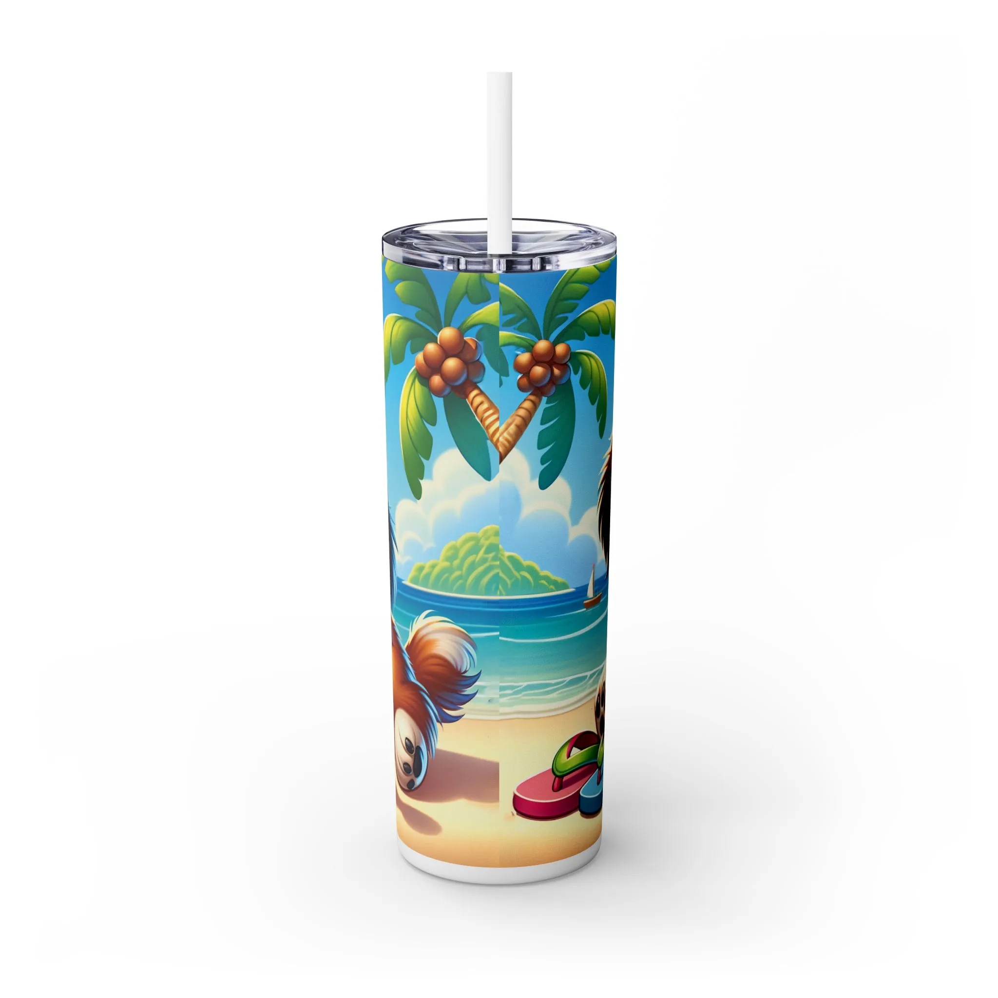 Skinny Tumbler with Straw, 20oz, Dog on Beach, Tibetan Spaniel, awd-1249